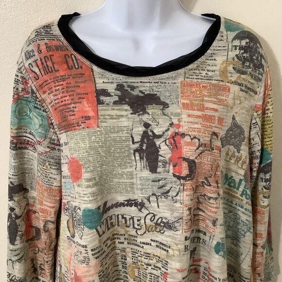 Vintage Y2K Artsy Eclectic Colorful Graphic Newsprint Oversized Shirt Large - Picture 2 of 12